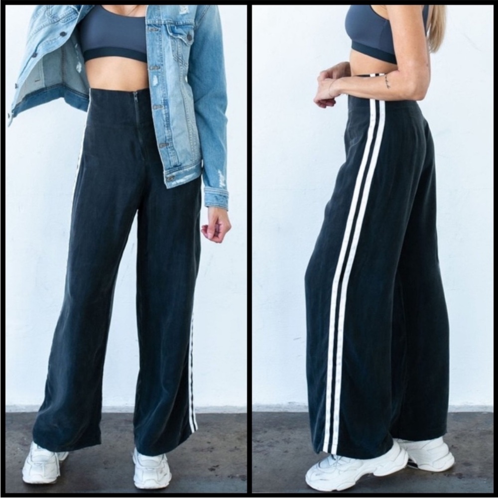 Wide Leg Navy Pants with White Stripes